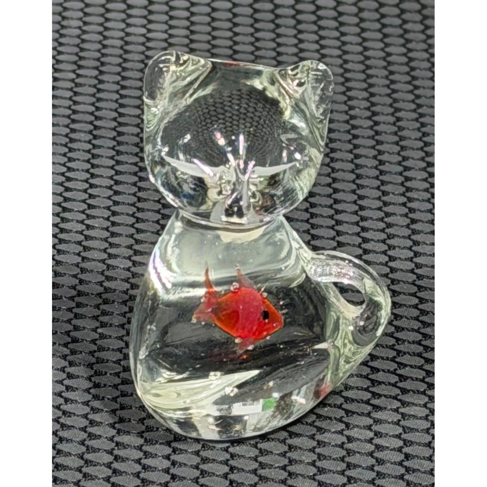 Vintage Hand Blown Art Glass Cat With Red Fish In Belly Figurine Paper Weight